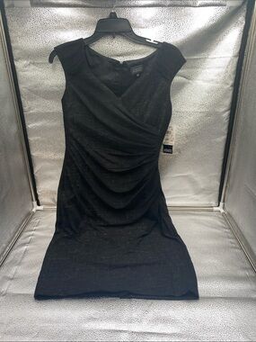 Adrianna Papell Cocktail Dress Black Mesh Light Champagne Overlay Holiday